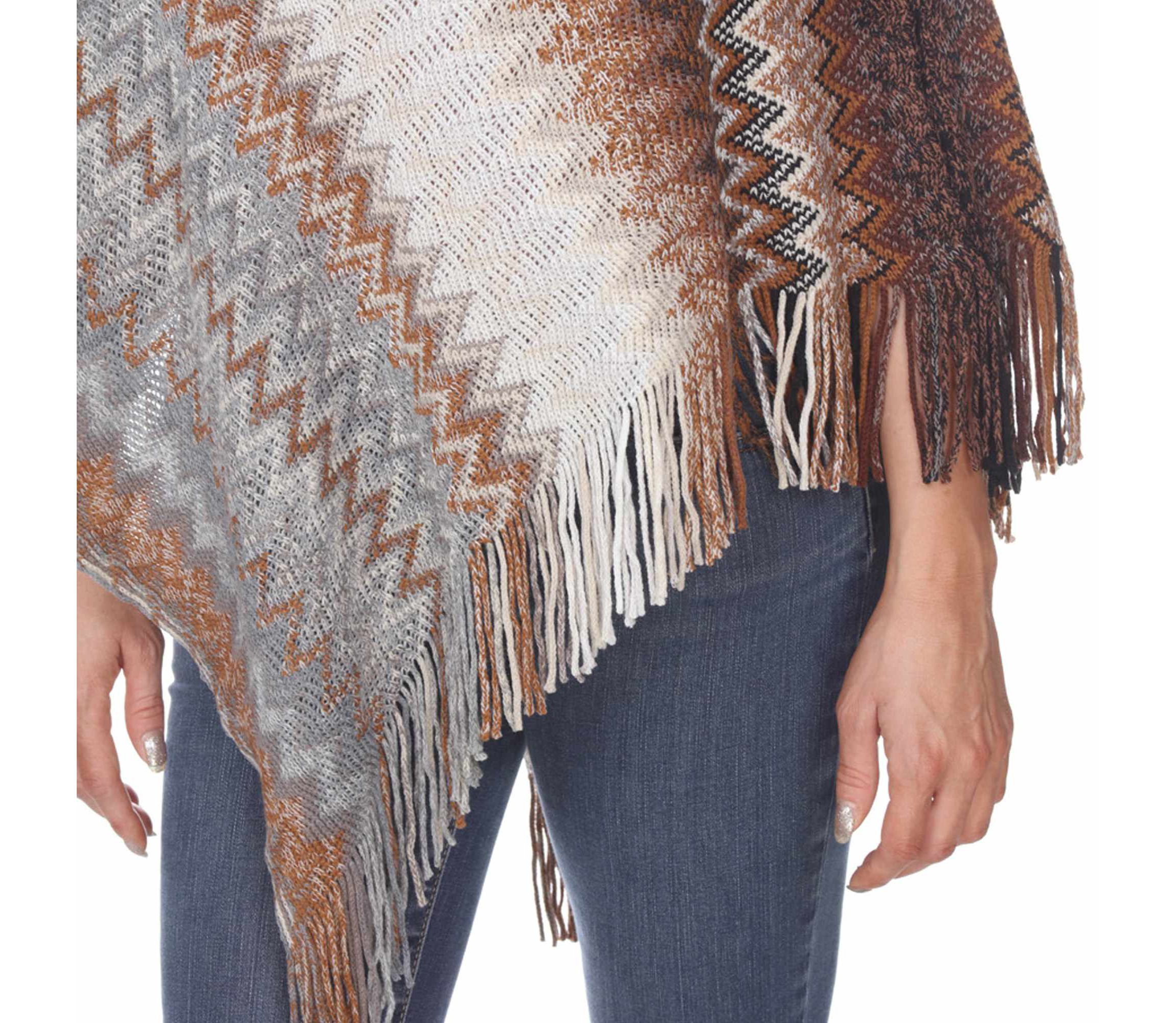 Womens Chevron Knit Fringed Hem Poncho