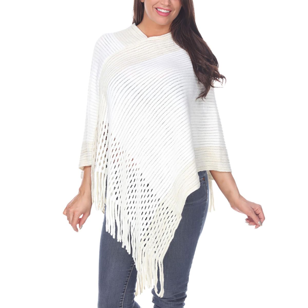 Women’s Cable Knit Poncho with Fringe Trim