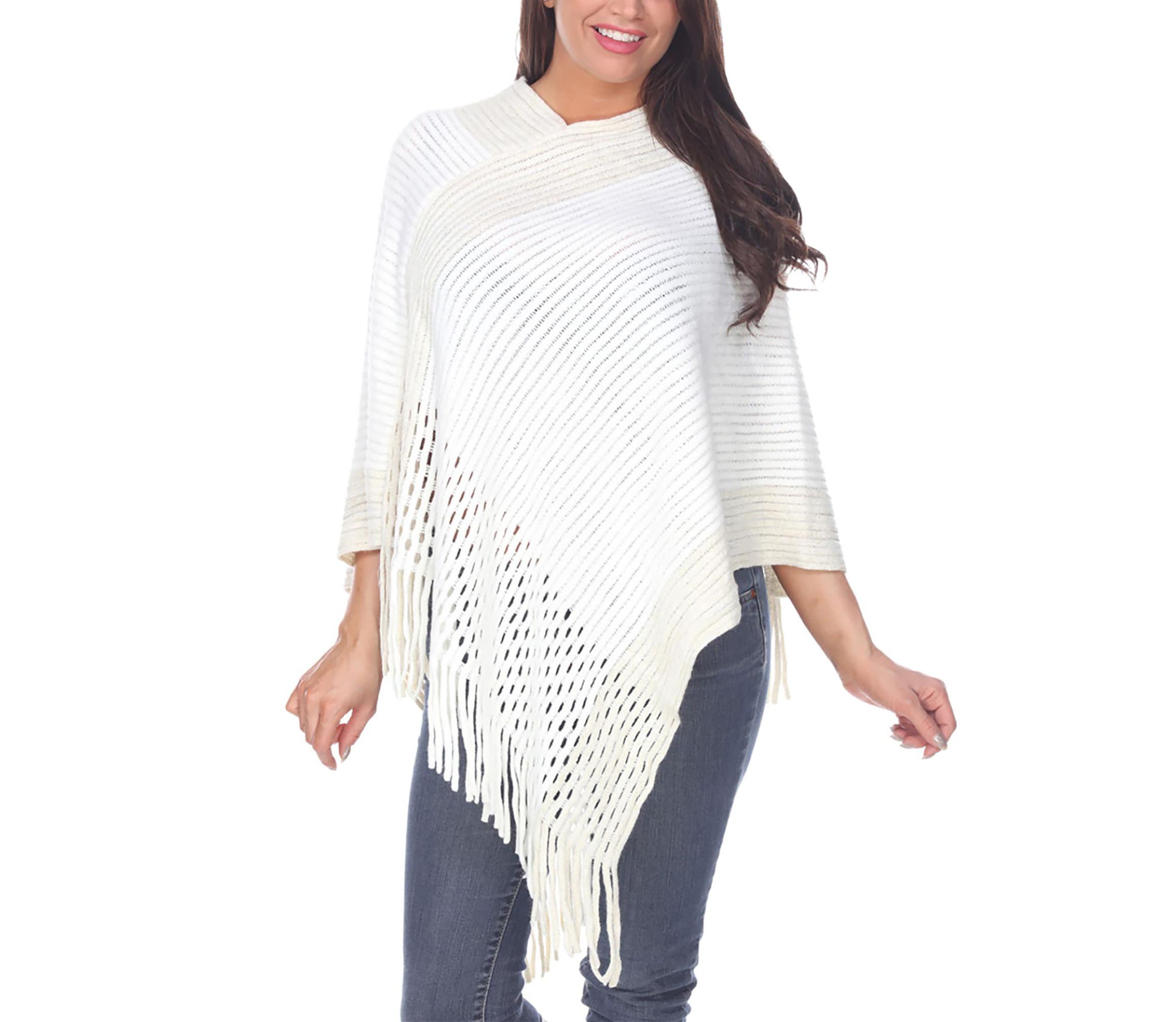 Women’s Cable Knit Poncho with Fringe Trim