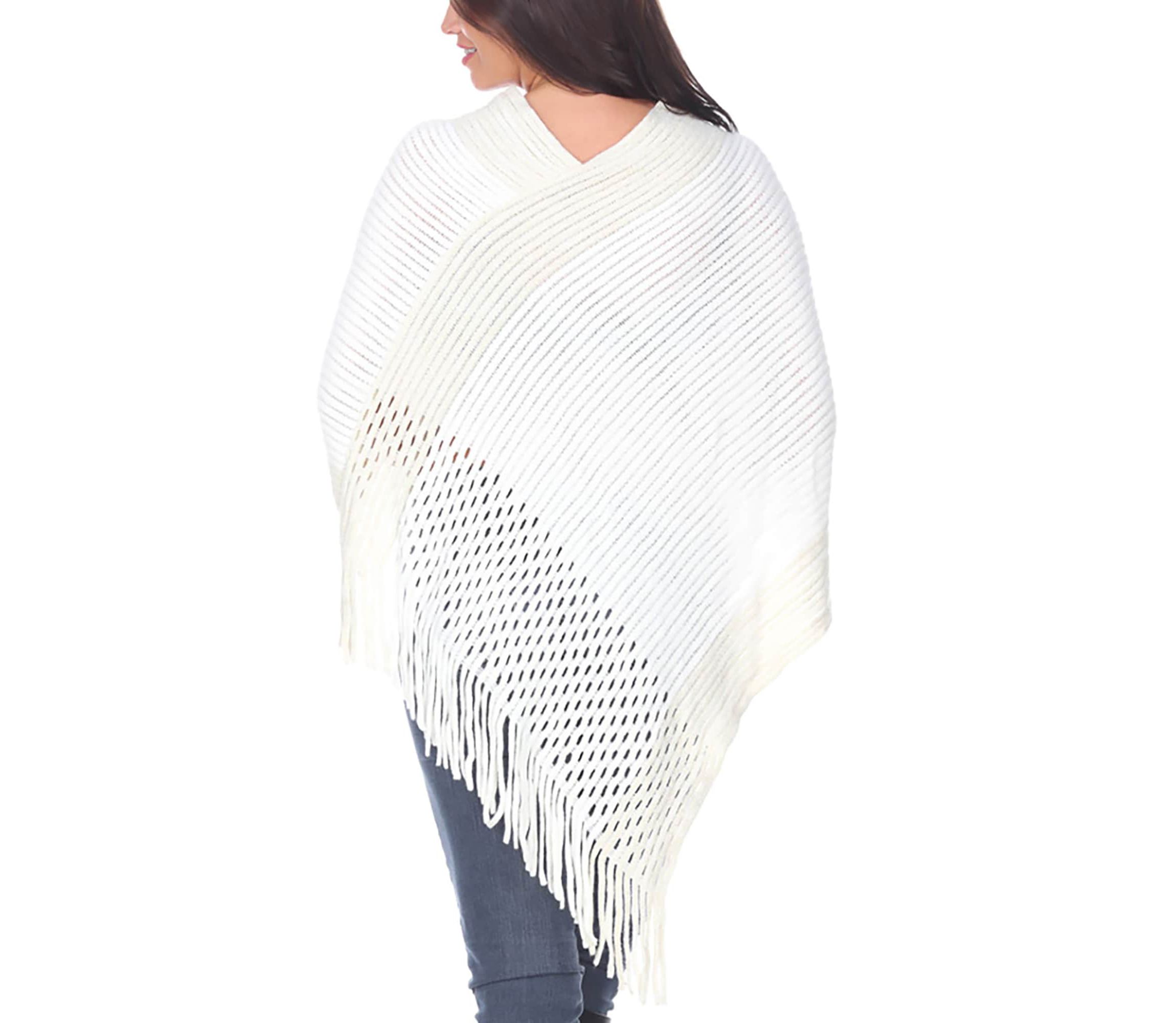 Women’s Cable Knit Poncho with Fringe Trim