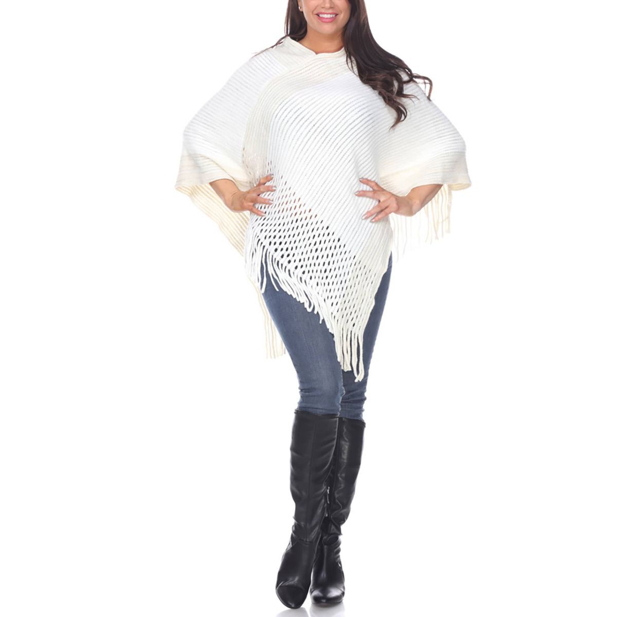 Women’s Cable Knit Poncho with Fringe Trim