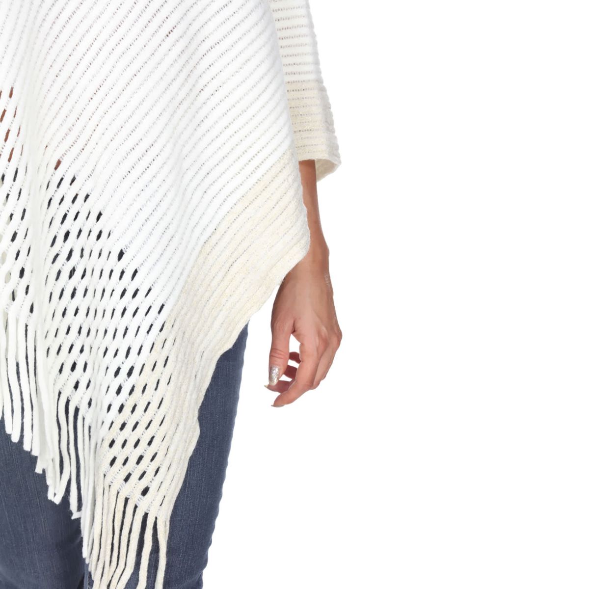 Women’s Cable Knit Poncho with Fringe Trim