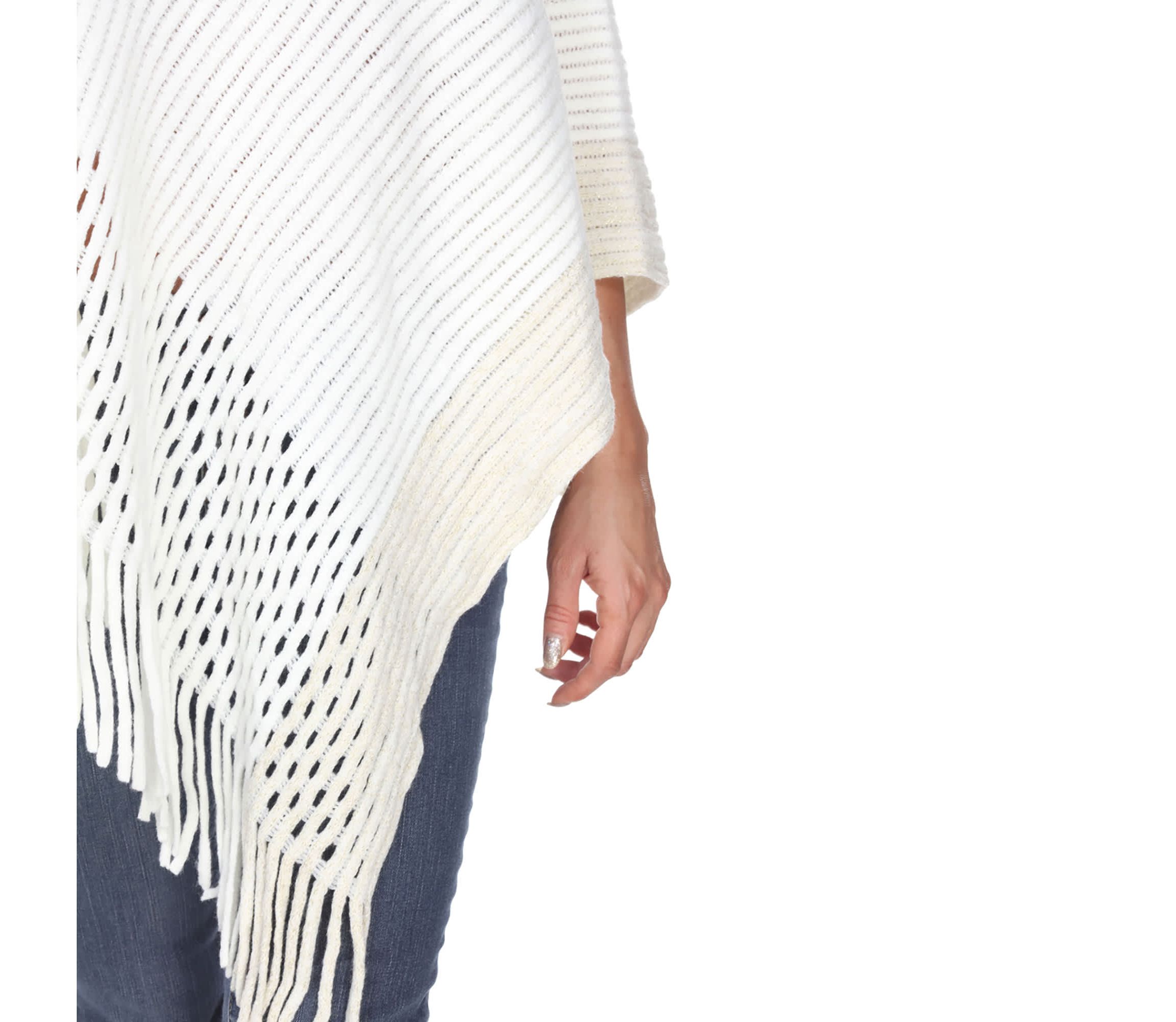 Women’s Cable Knit Poncho with Fringe Trim