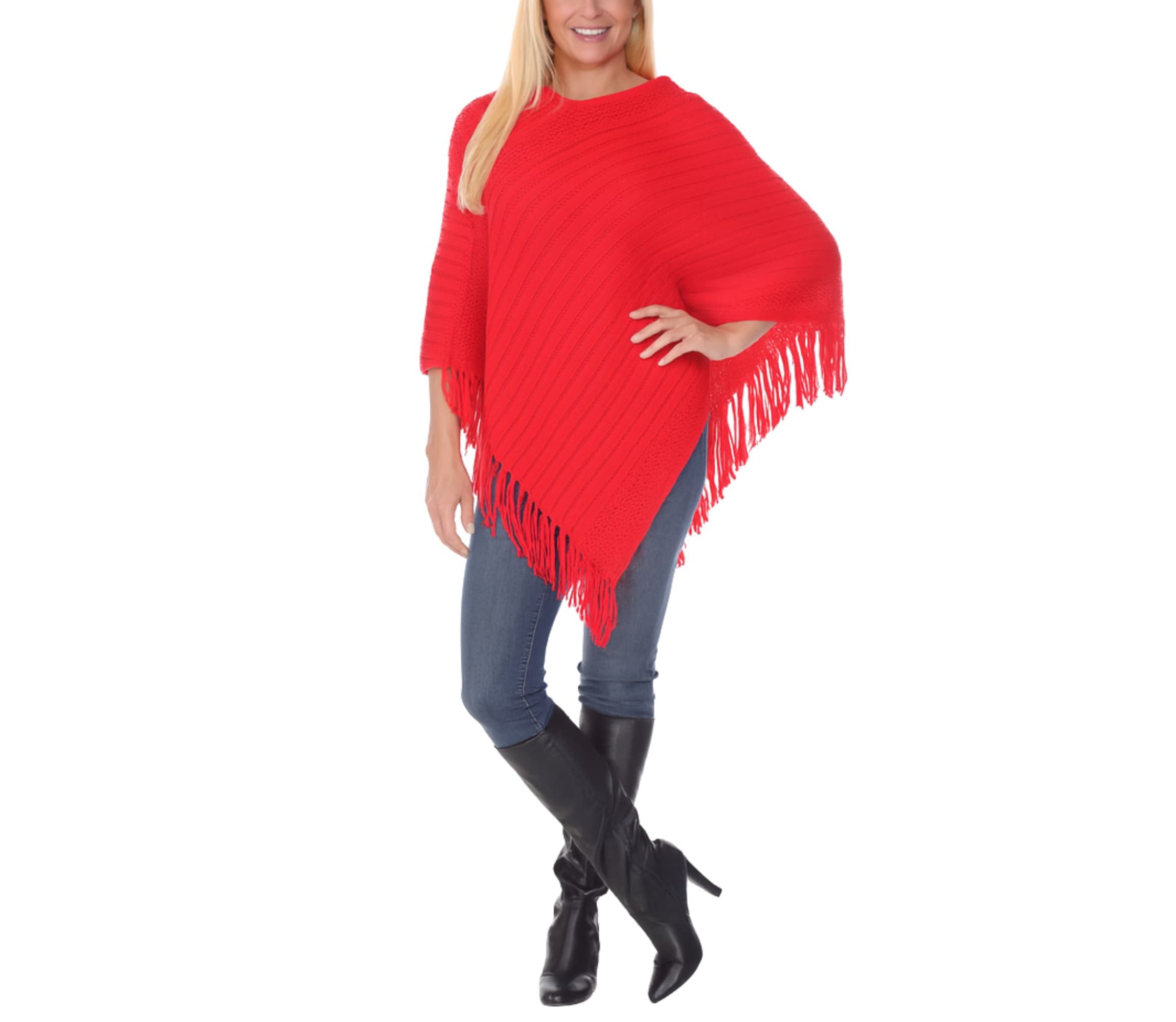 Women’s Pullover Knit Poncho with Tassel Trim