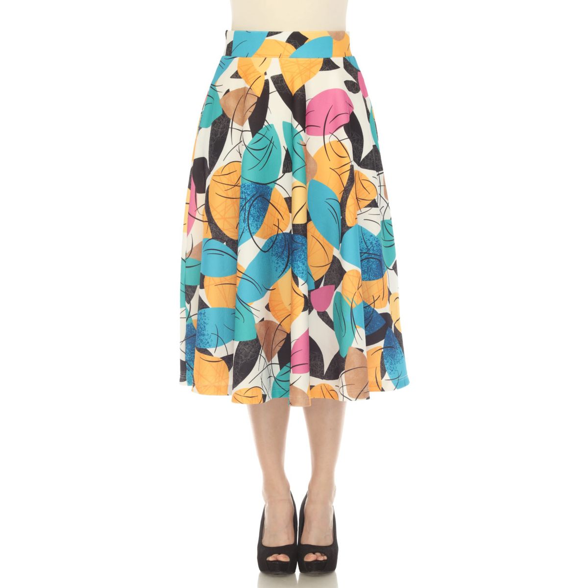 Leaf Print Vintage Flared Midi Skirt