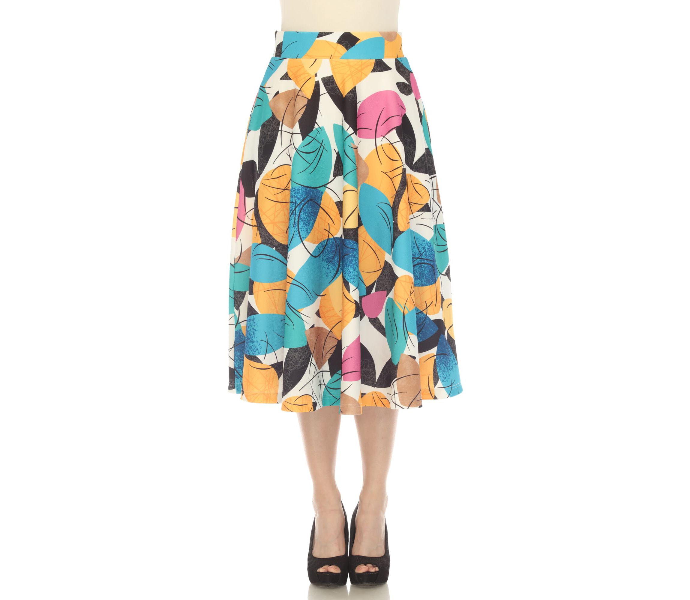 Leaf Print Vintage Flared Midi Skirt