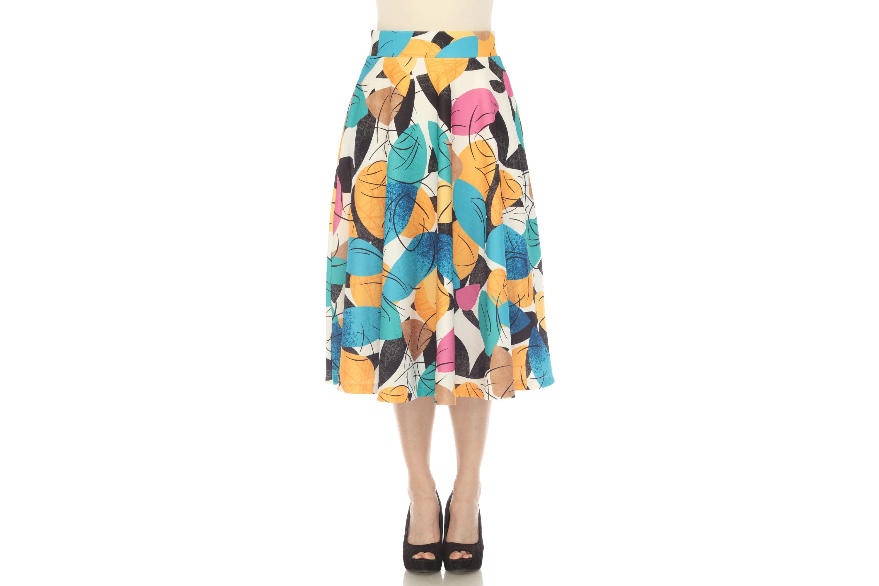 Leaf Print Vintage Flared Midi Skirt