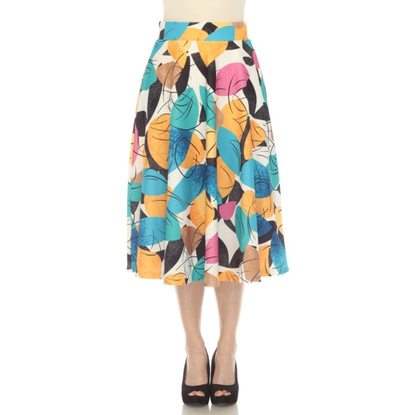 Leaf Print Vintage Flared Midi Skirt