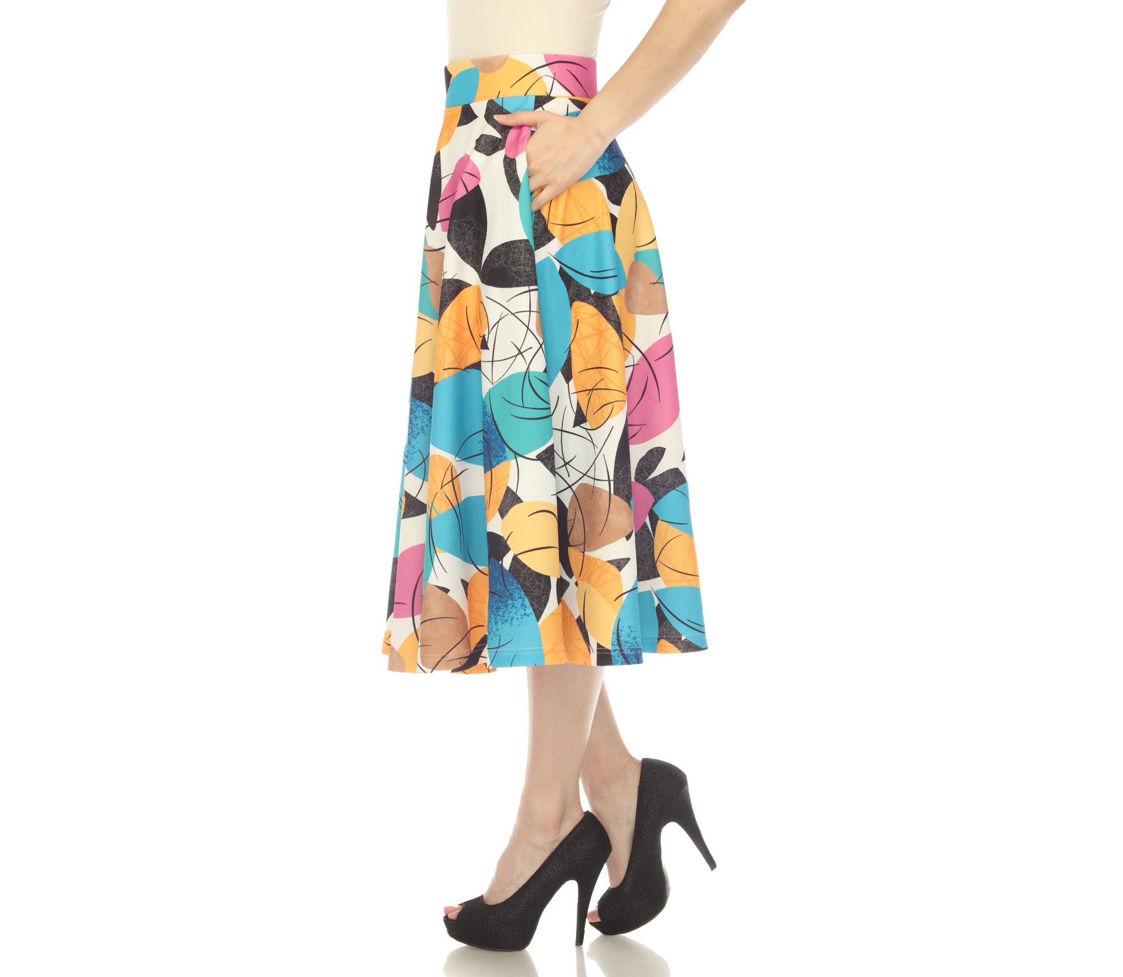 Leaf Print Vintage Flared Midi Skirt