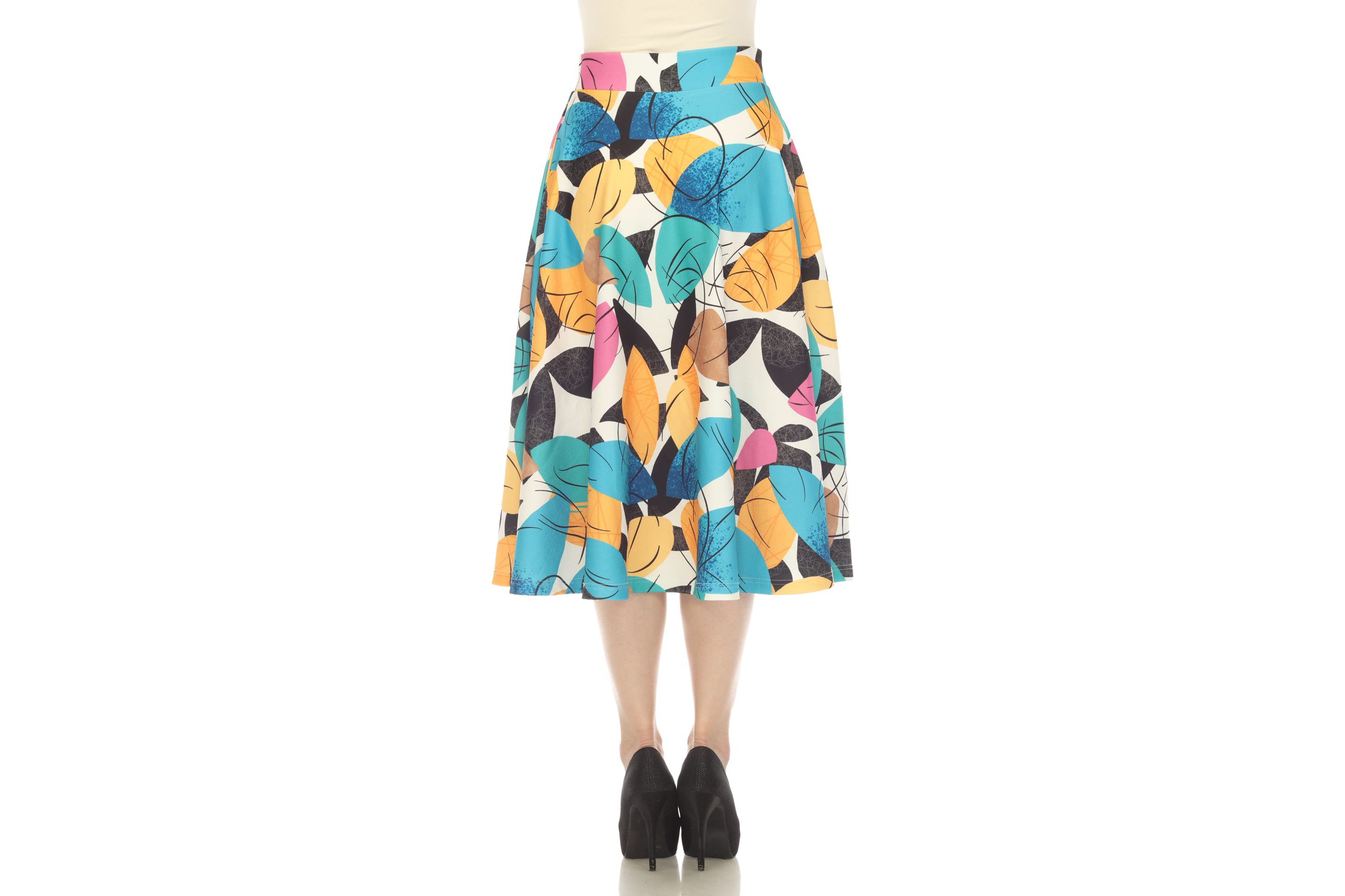 Leaf Print Vintage Flared Midi Skirt