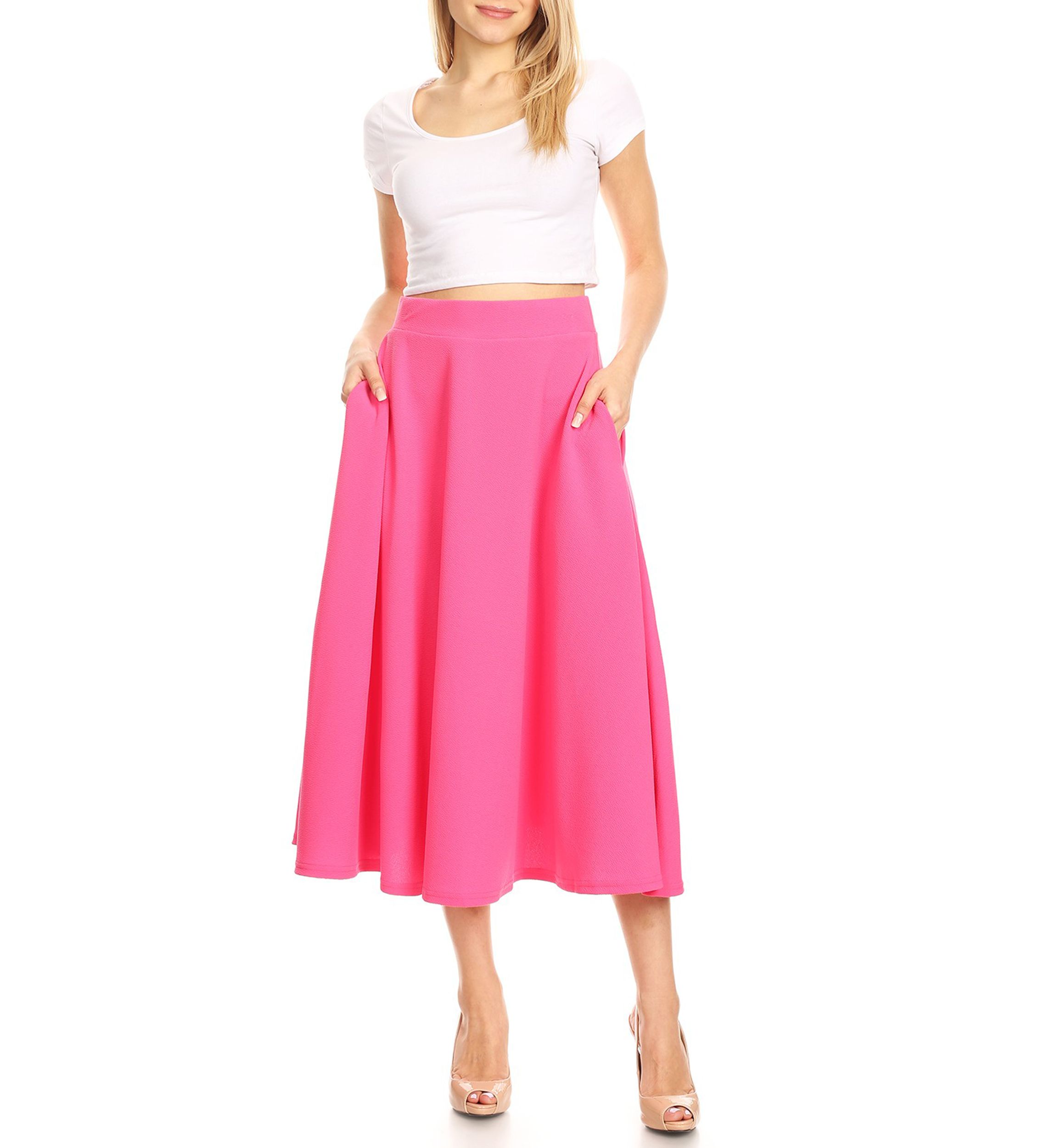 Womens Flared Midi Skirt with Pockets