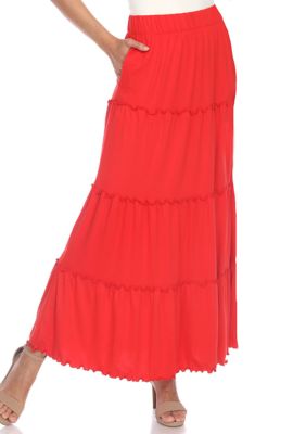 White Mark Women's Tiered Maxi Skirt, Red, Large