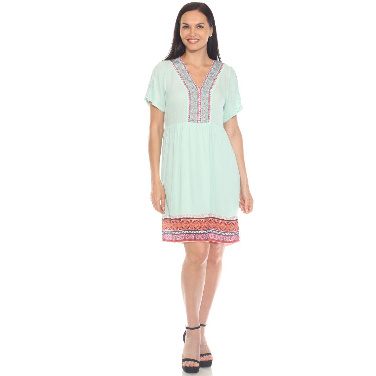 Womens Short Sleeve Embroidered V-Neck Shift Dress
