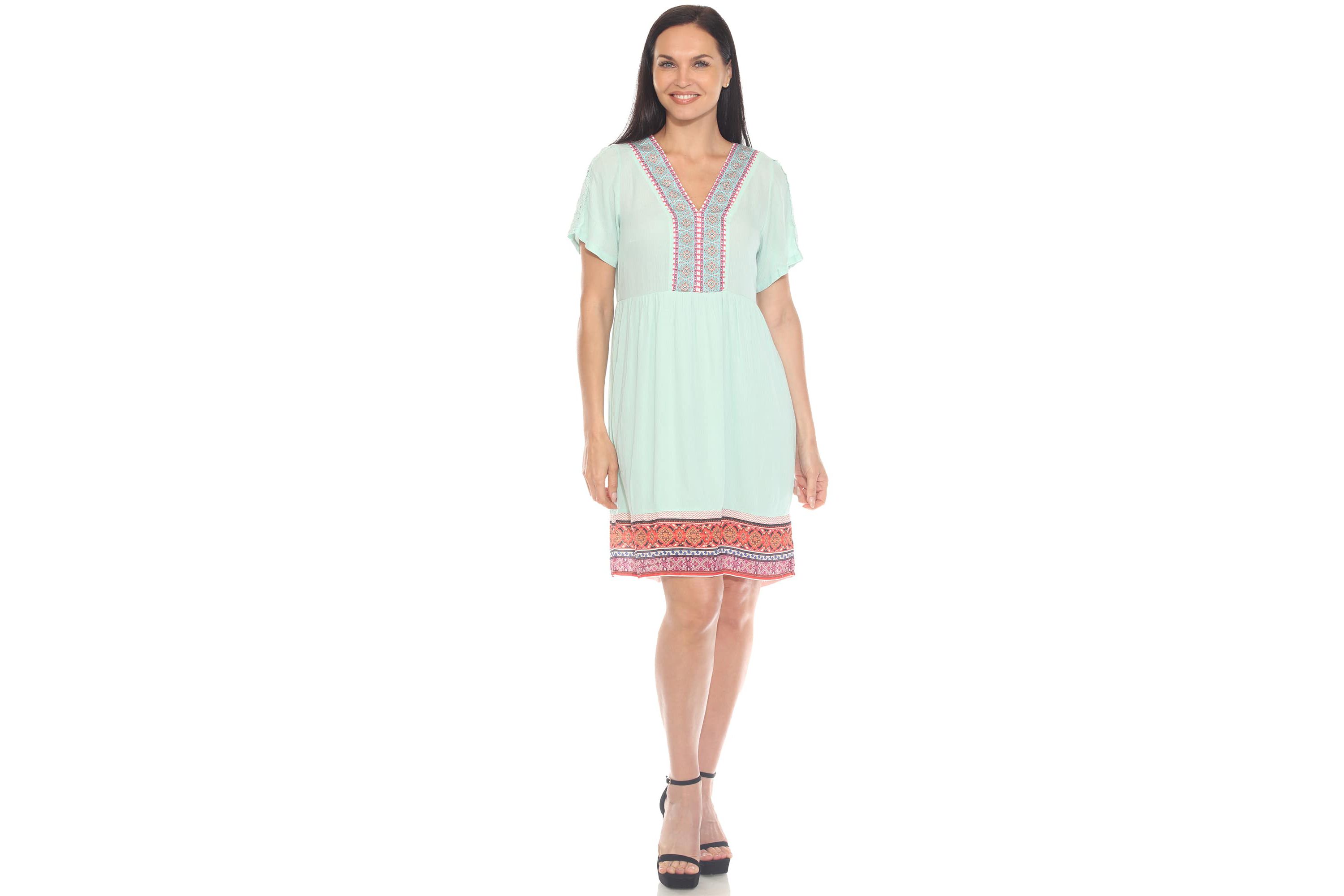 Womens Short Sleeve Embroidered V-Neck Shift Dress