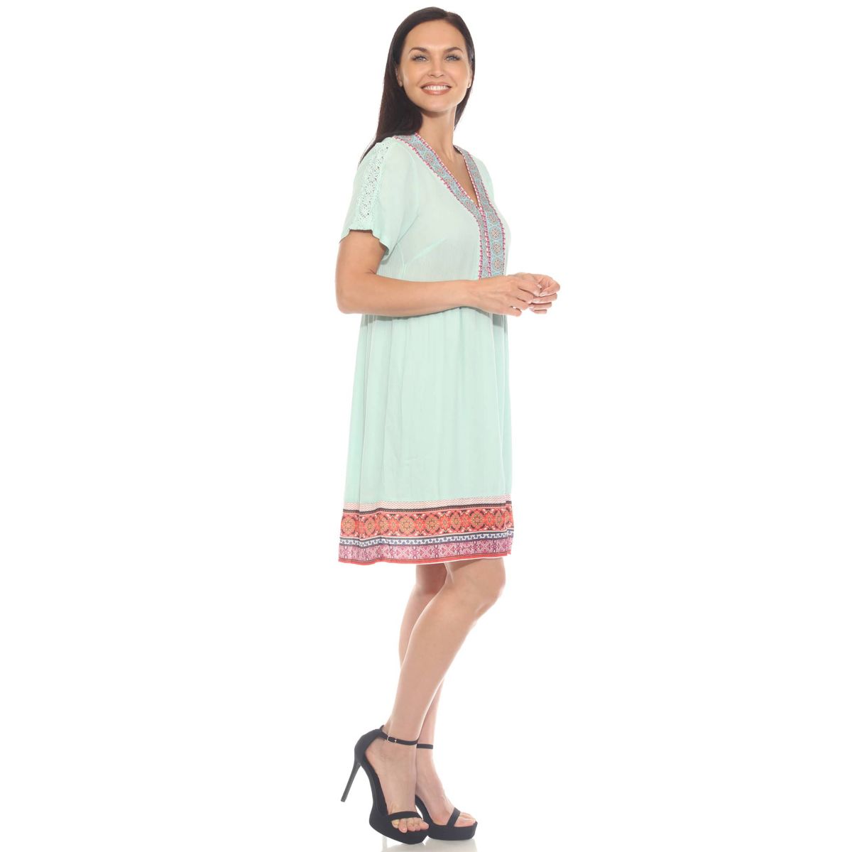 Womens Short Sleeve Embroidered V-Neck Shift Dress