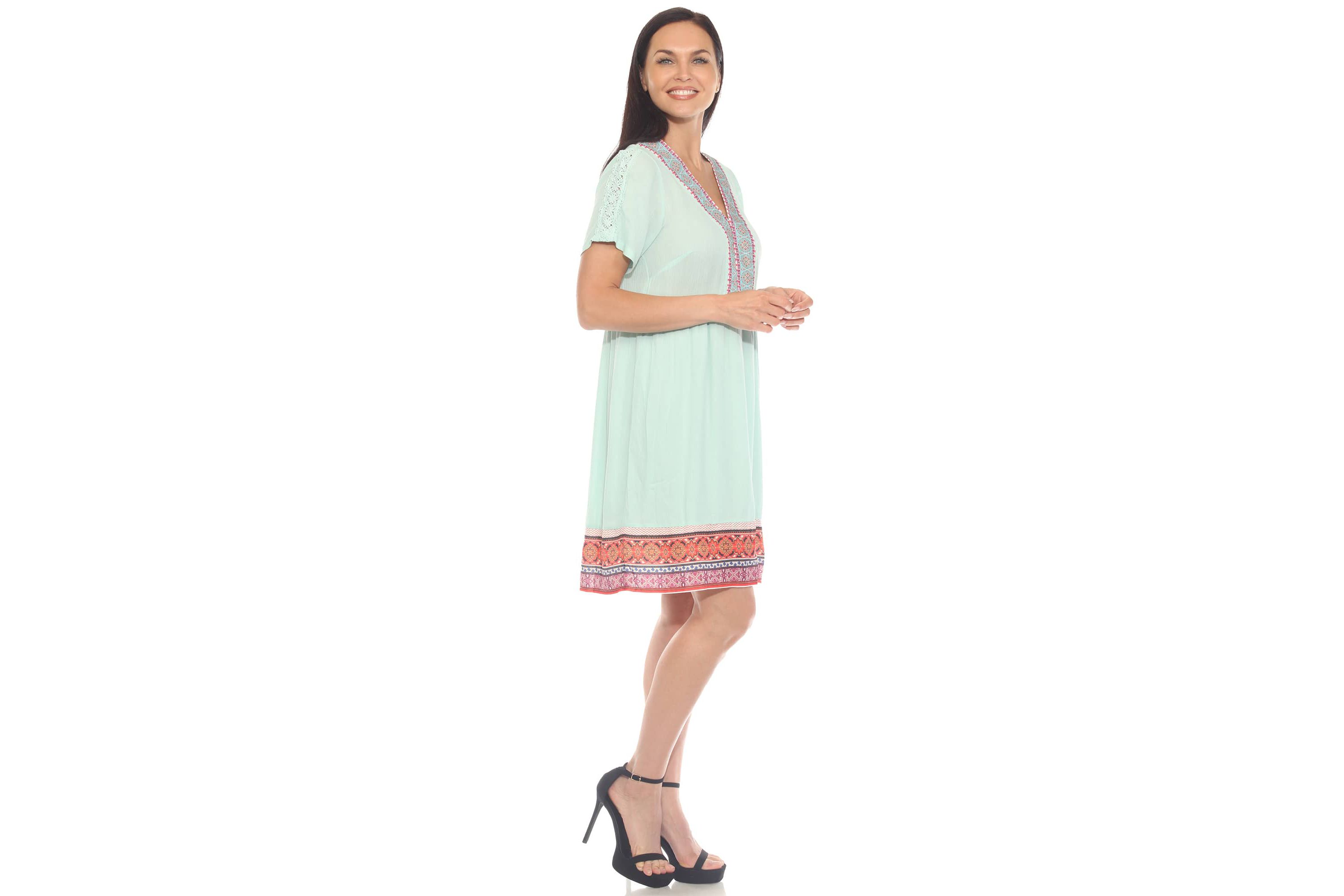 Womens Short Sleeve Embroidered V-Neck Shift Dress