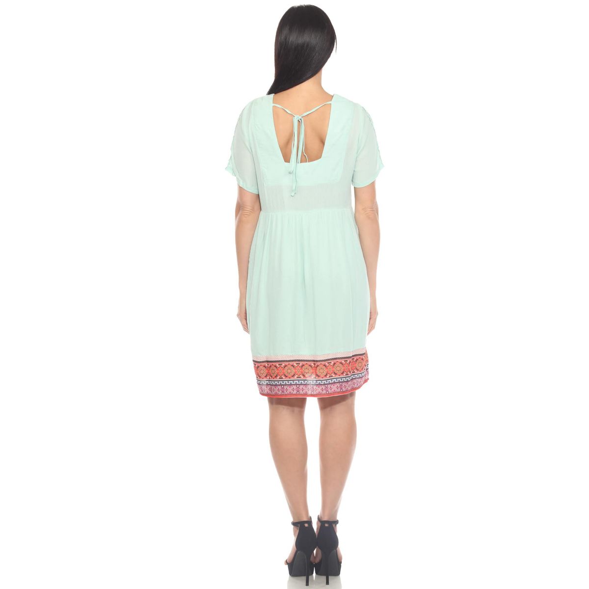 Womens Short Sleeve Embroidered V-Neck Shift Dress