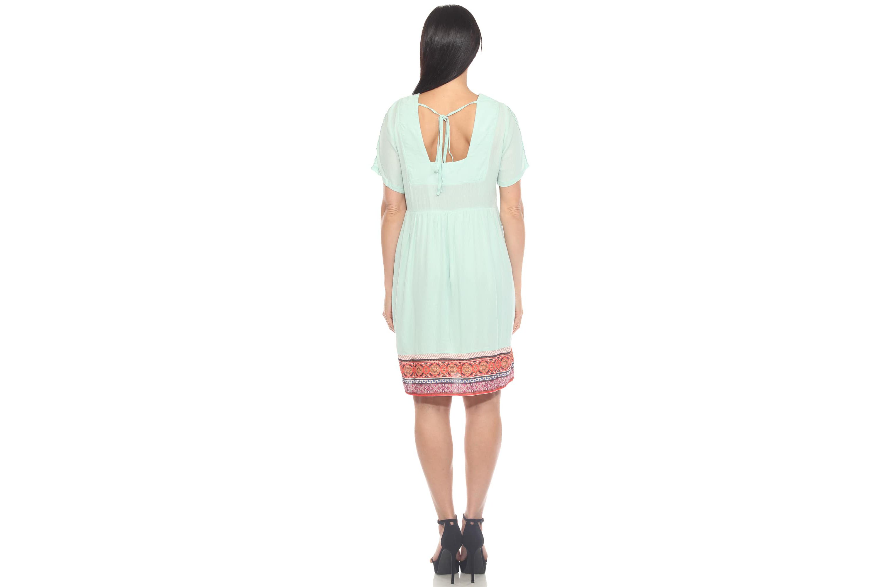 Womens Short Sleeve Embroidered V-Neck Shift Dress