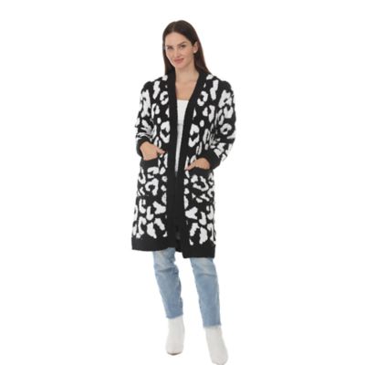 White Mark Women's Leopard Print Plush Cardigan