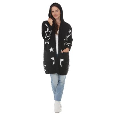 White Mark Women's Star Print Hooded Plush Hooded Cardigan