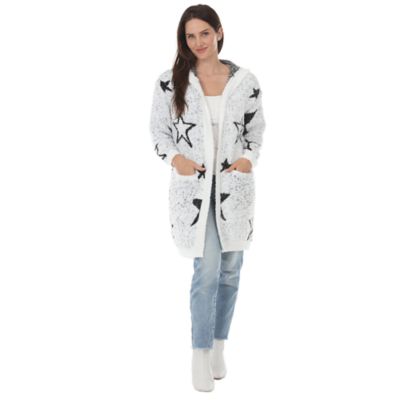 White Mark Women's Star Print Hooded Plush Hooded Cardigan, L-XL