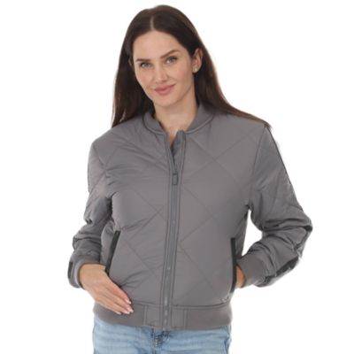 White Mark Women's Quilted Zip-Front Bomber Jacket, Grey, Large