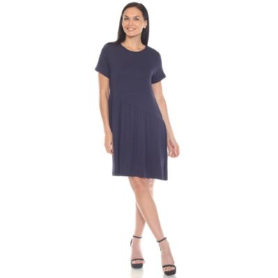 White Mark Women's Asymmetrical Waist and Short Sleeve Swing Dress, Navy Blue, Large