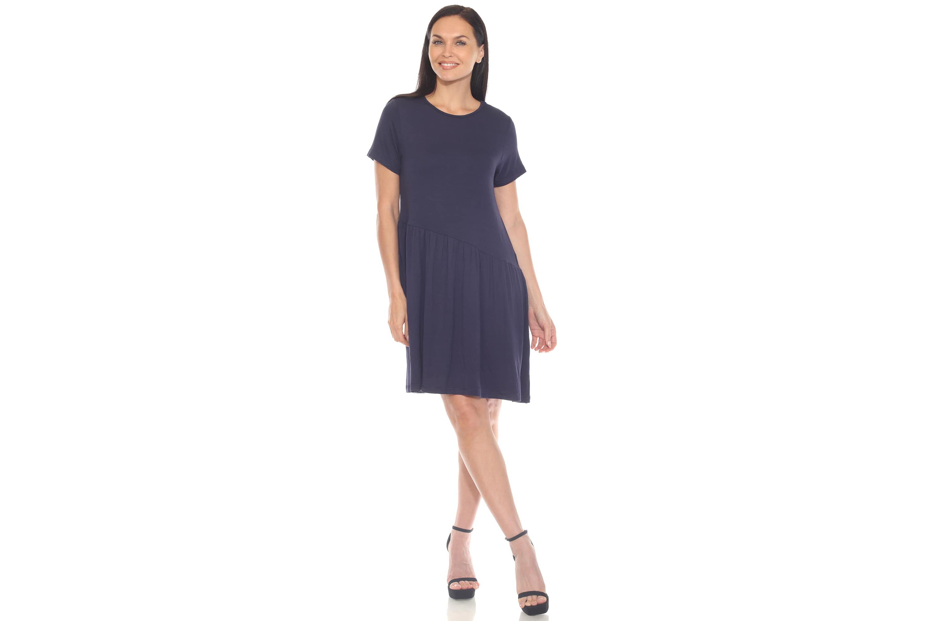 Womens Asymmetrical Waist and Short Sleeve Swing Dress