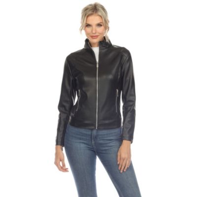 White Mark Women's Classic Biker Faux Leather Jacket, Black, Large