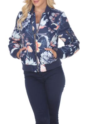 White Mark Women's Floral Bomber Jacket, Navy Blue, XL