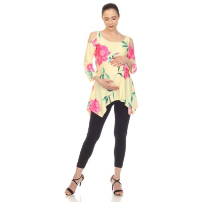 White Mark Women's Maternity Floral Printed Cold Shoulder Tunic