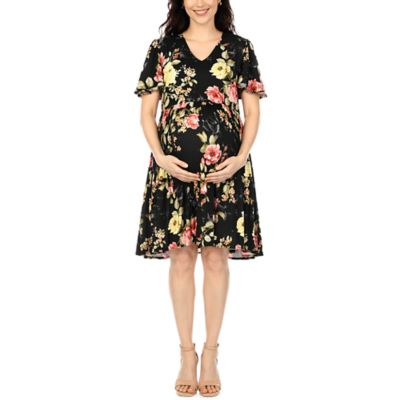 White Mark Womenâs Floral Print Short Sleeve V-Neck Maternity Dress, Black, Large