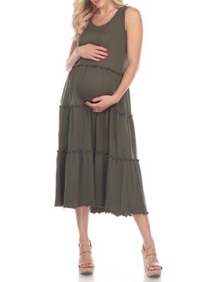 White Mark Women's Maternity Scoop Neck Tiered Midi Dress