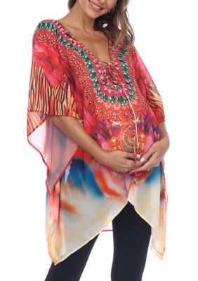 White Mark Women's Maternity Short Caftan with Tie-up Neckline