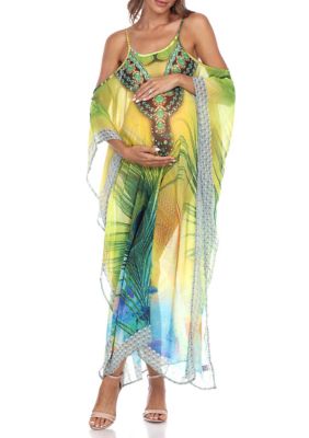 White Mark Women's Maternity Plus Size Sheer Maxi Caftan, Yellow
