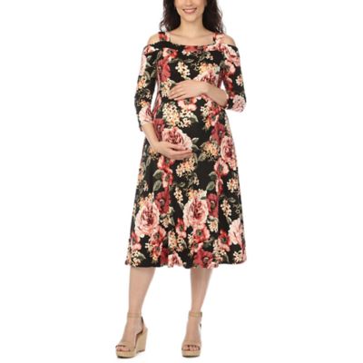 White Mark Womenâs Cold Shoulder Floral Print Maternity Dress, Black, 3XL
