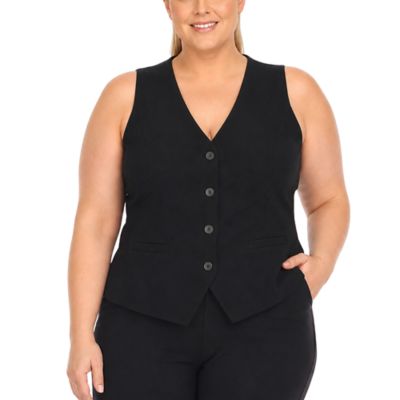 White Mark Women's Plus Size Tailored Button Front Vest, Black, 3XL