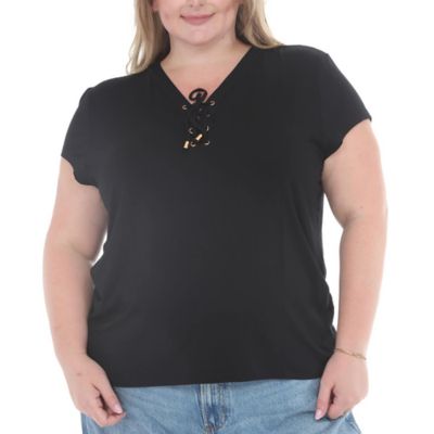 White Mark Women's Plus Size V-Neck Front Tie Pullover Top