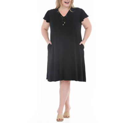 White Mark Women's Plus Size V-Neck Tie Front Flutter Sleeve Shift Dress