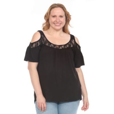White Mark Women's Plus Size Cold Shoulder Lace Trim Knit Top