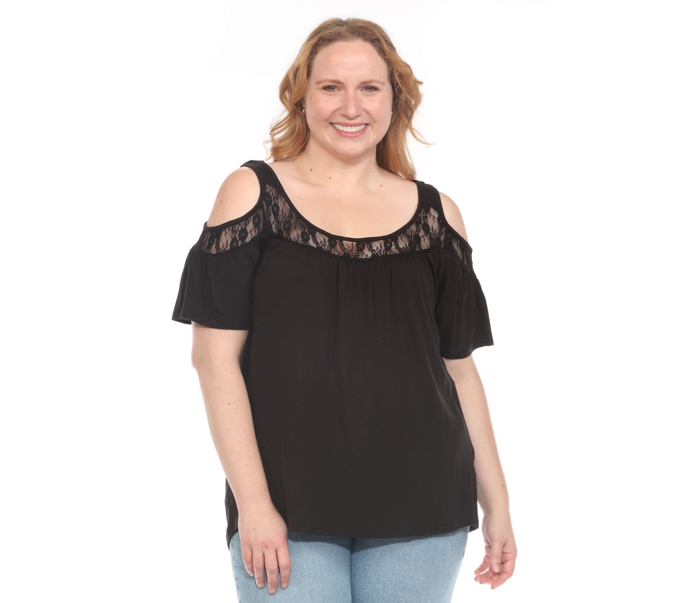 Plus Size Cold Shoulder Lace Trim Knit Top