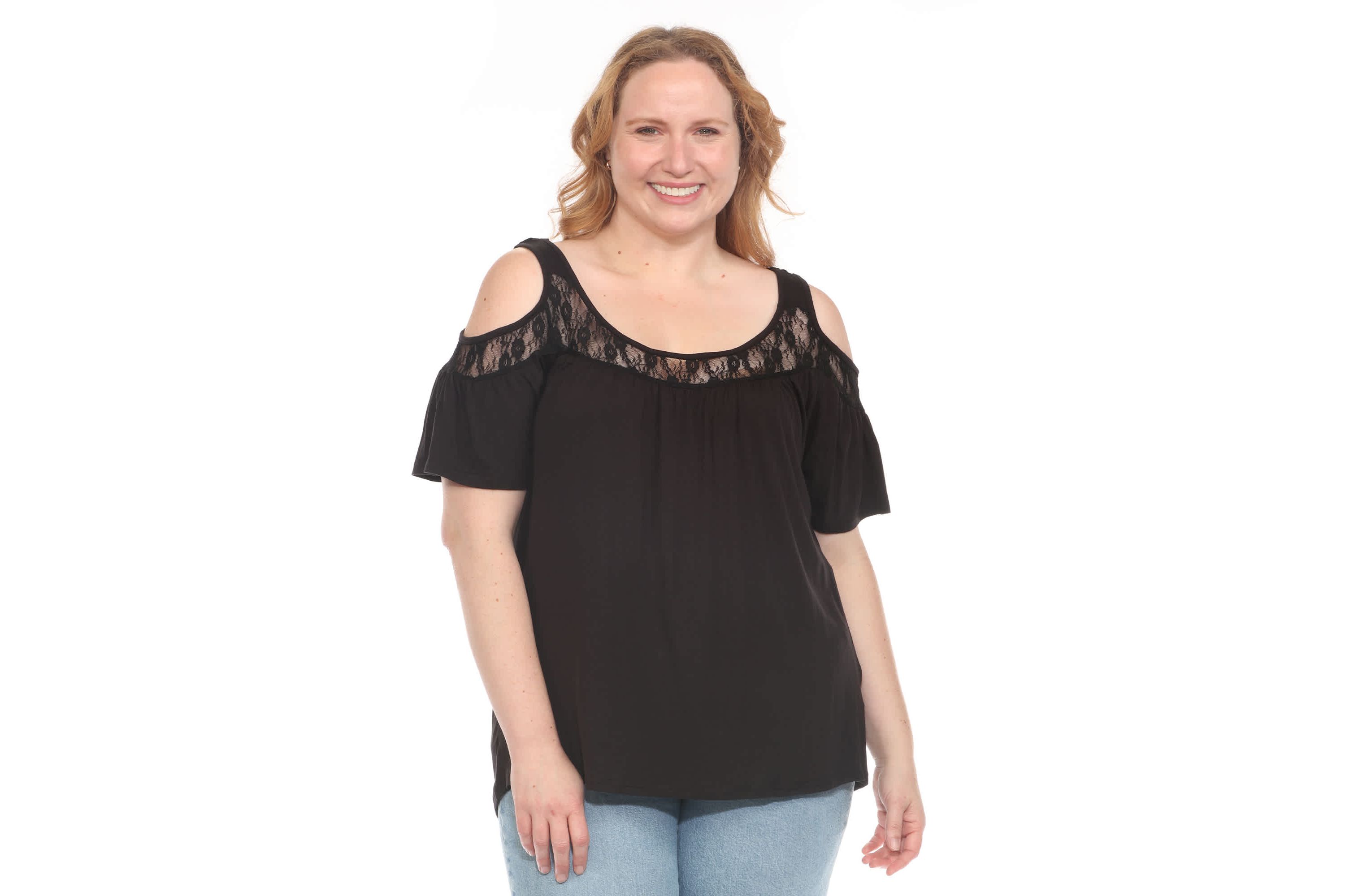 Plus Size Cold Shoulder Lace Trim Knit Top