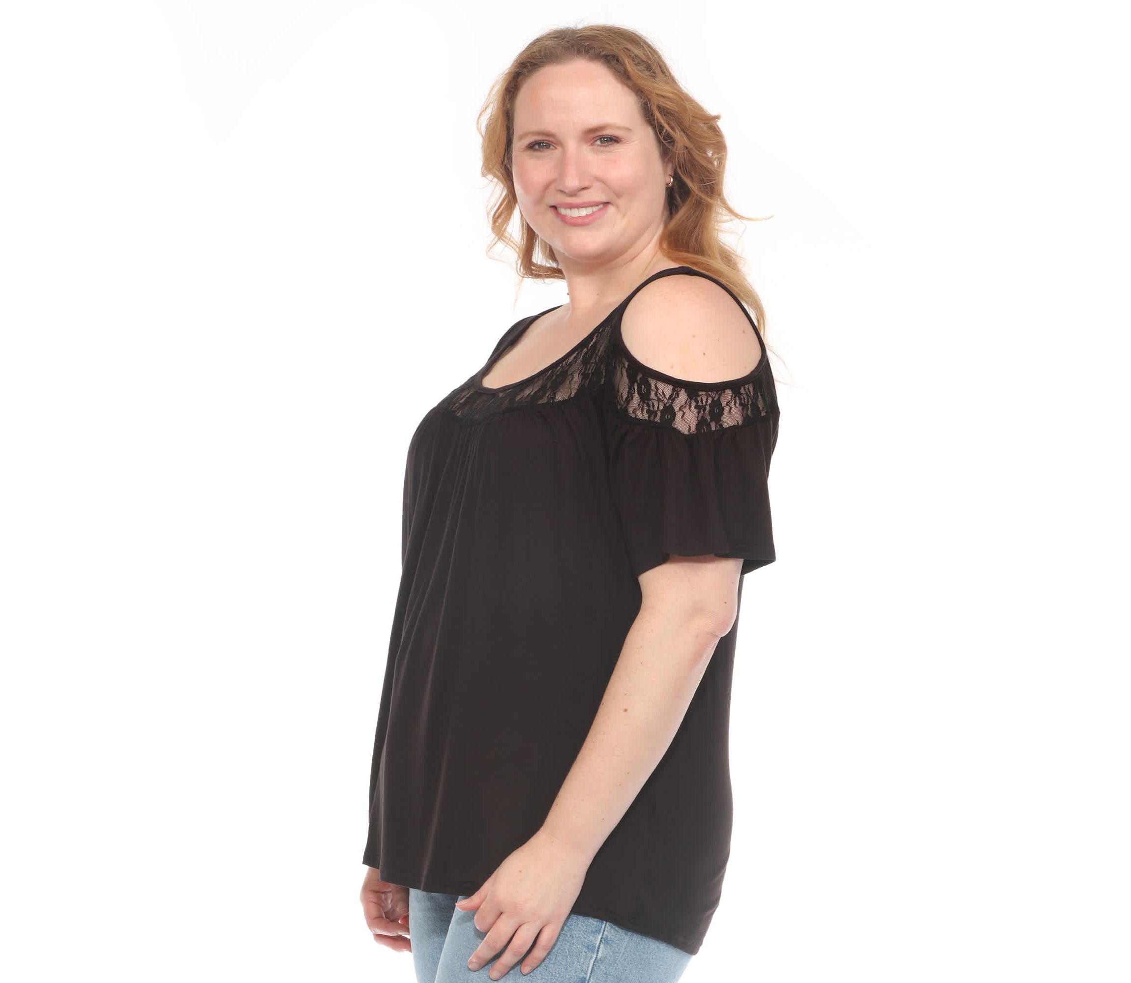 Plus Size Cold Shoulder Lace Trim Knit Top