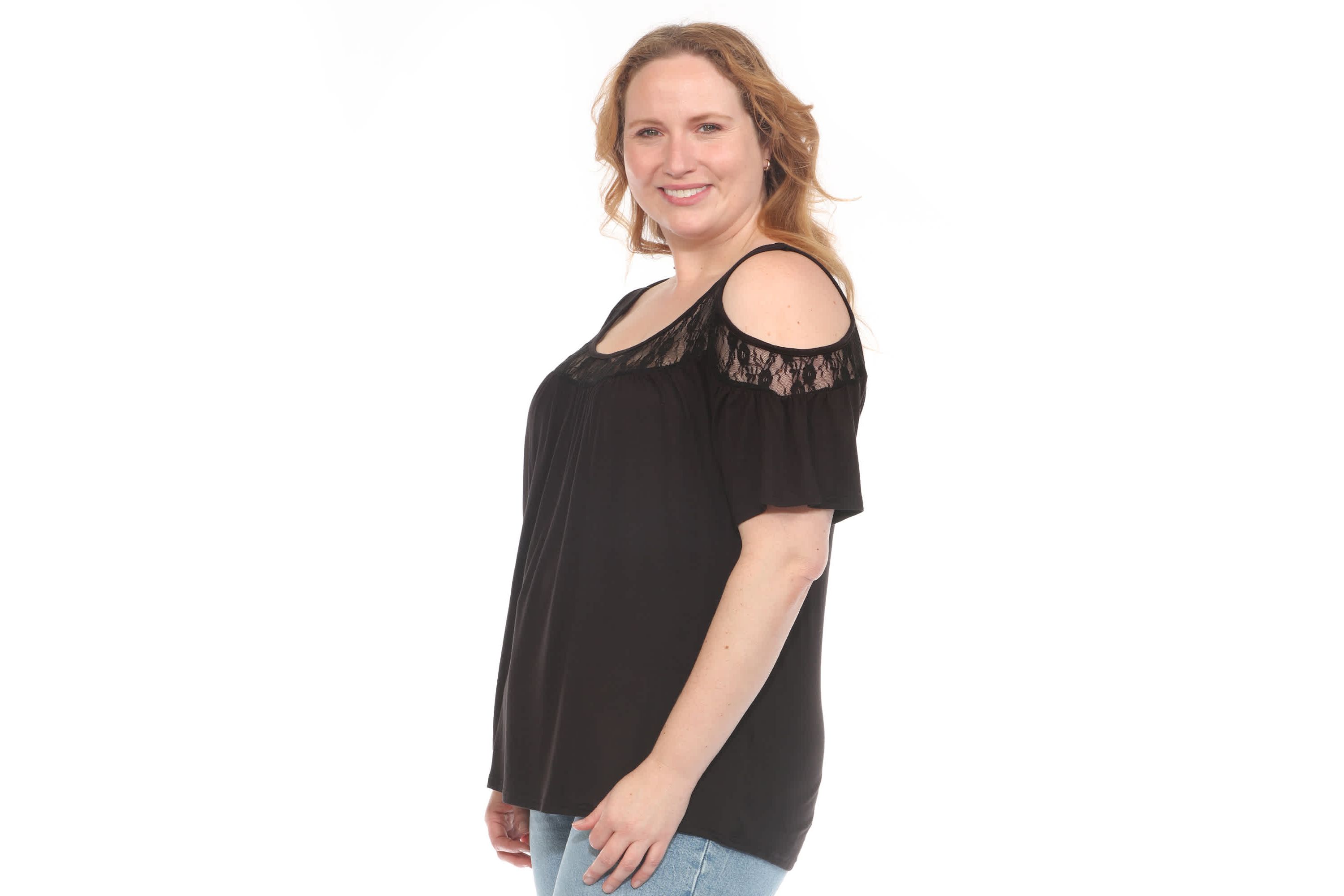 Plus Size Cold Shoulder Lace Trim Knit Top