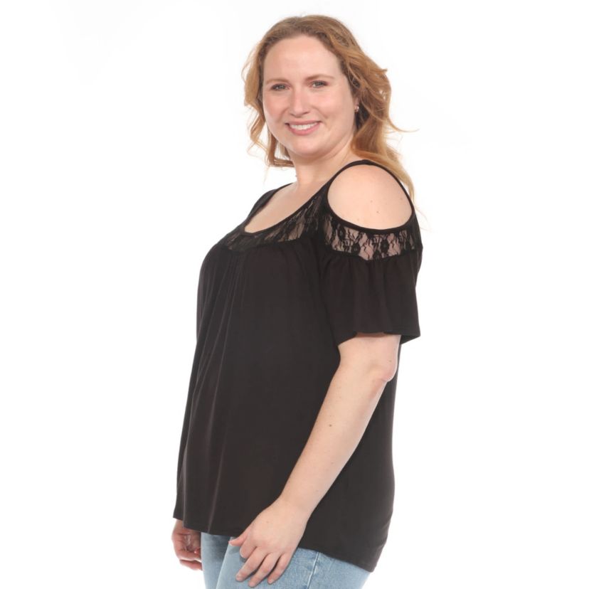 Plus Size Cold Shoulder Lace Trim Knit Top