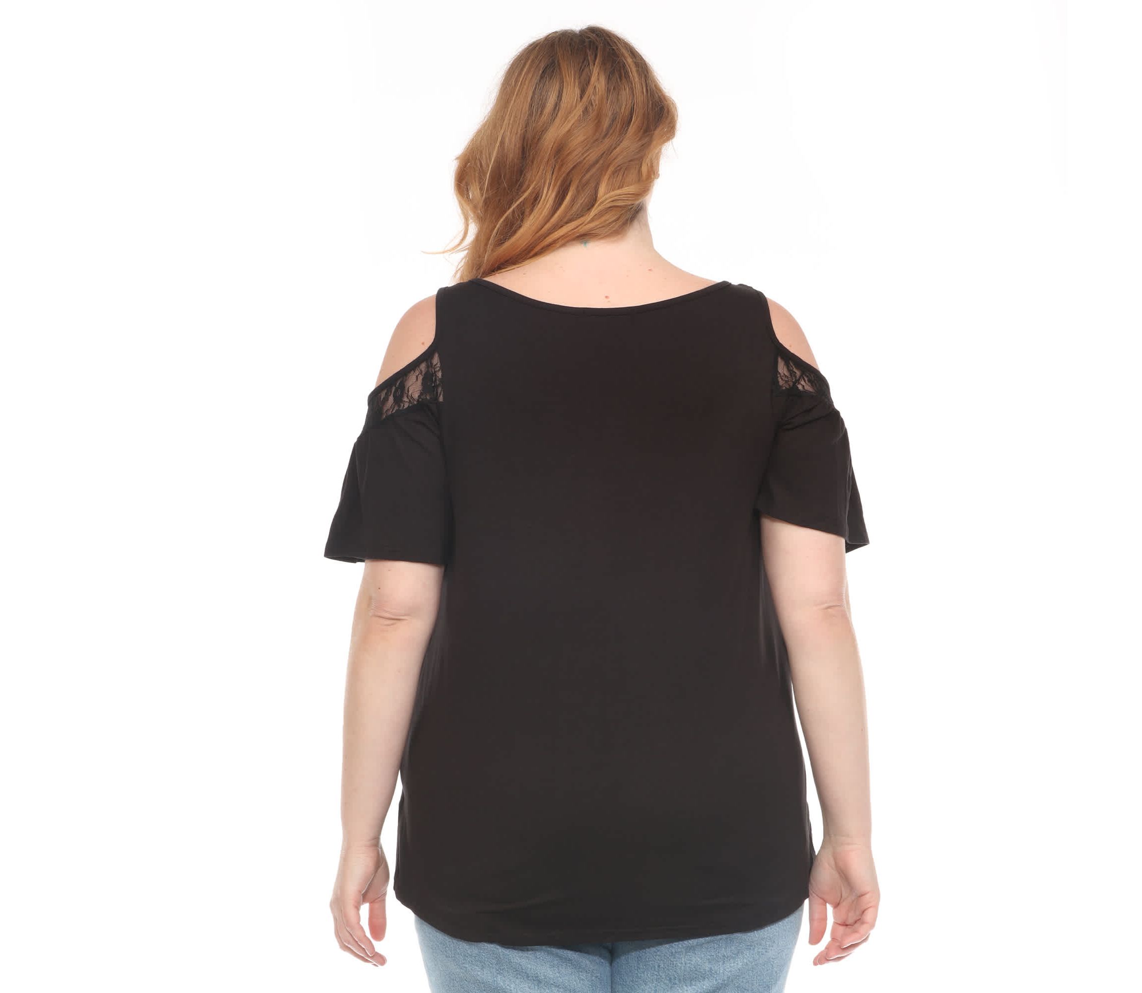 Plus Size Cold Shoulder Lace Trim Knit Top