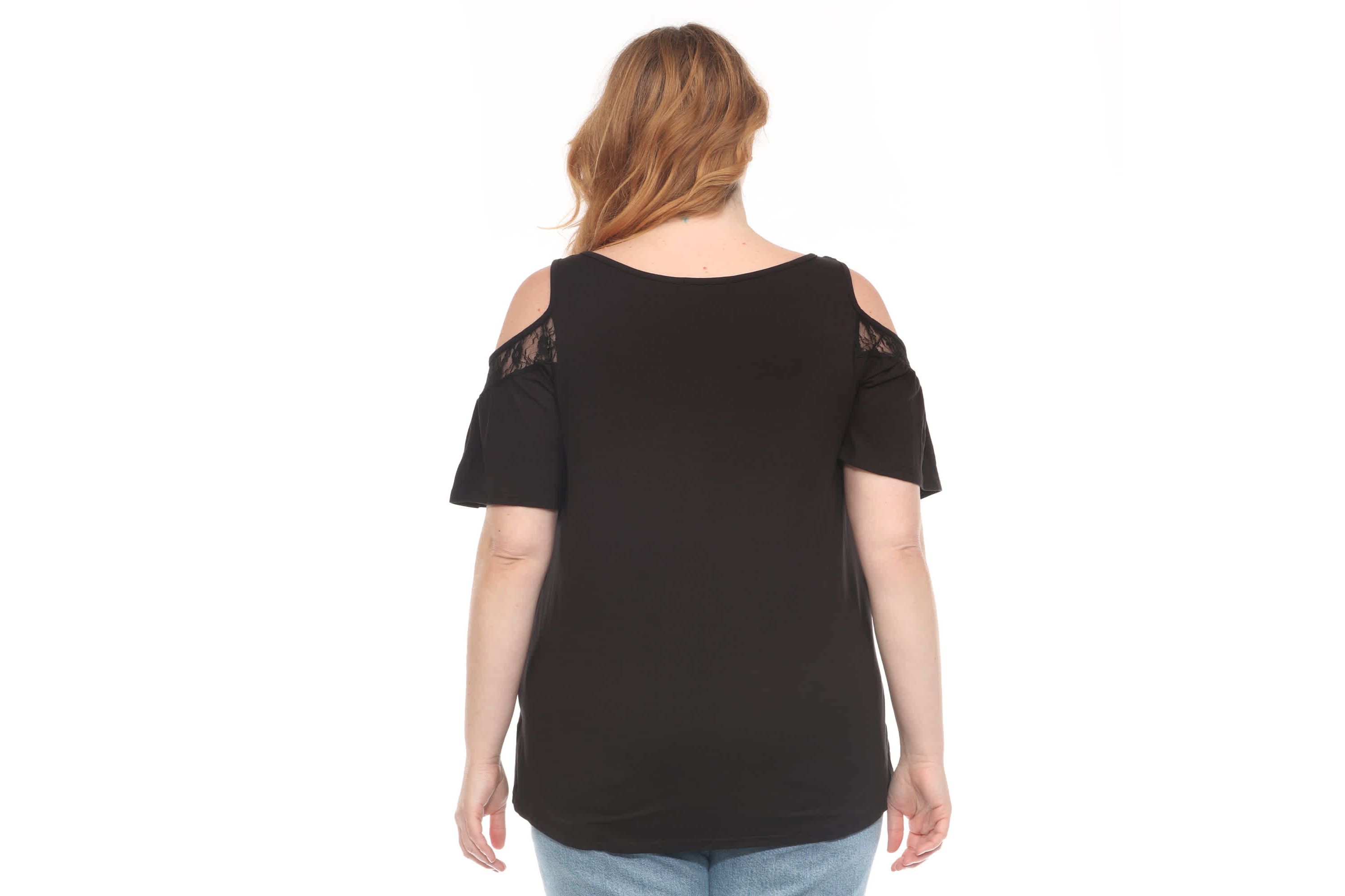 Plus Size Cold Shoulder Lace Trim Knit Top