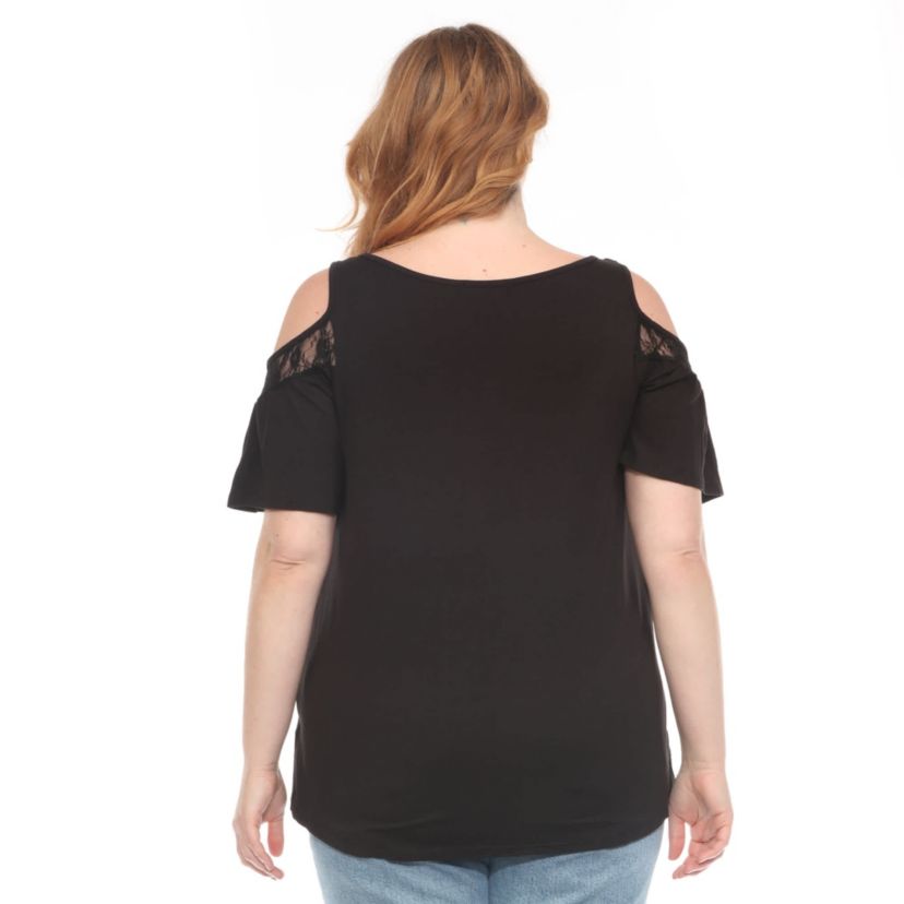 Plus Size Cold Shoulder Lace Trim Knit Top