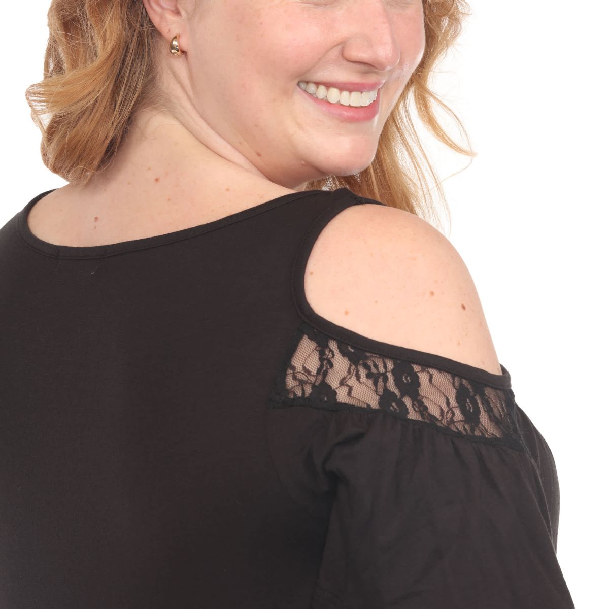 Plus Size Cold Shoulder Lace Trim Knit Top