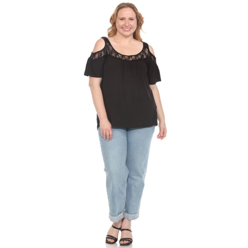 Plus Size Cold Shoulder Lace Trim Knit Top